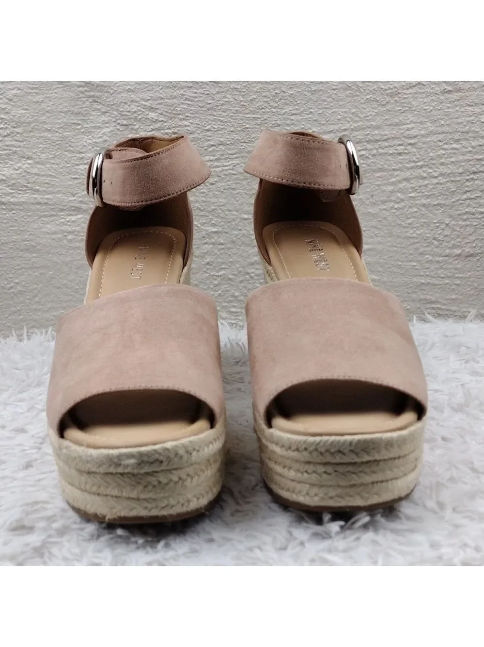 NINE West Adell Pink Faux Suede Open Toe Ankle Strap Platform Wedge Espadrilles